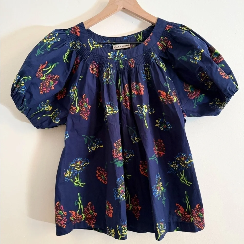 Ulla Johnson Celine Puff Sleeve Floral Blouse Midnight Navy Smocked Top 0